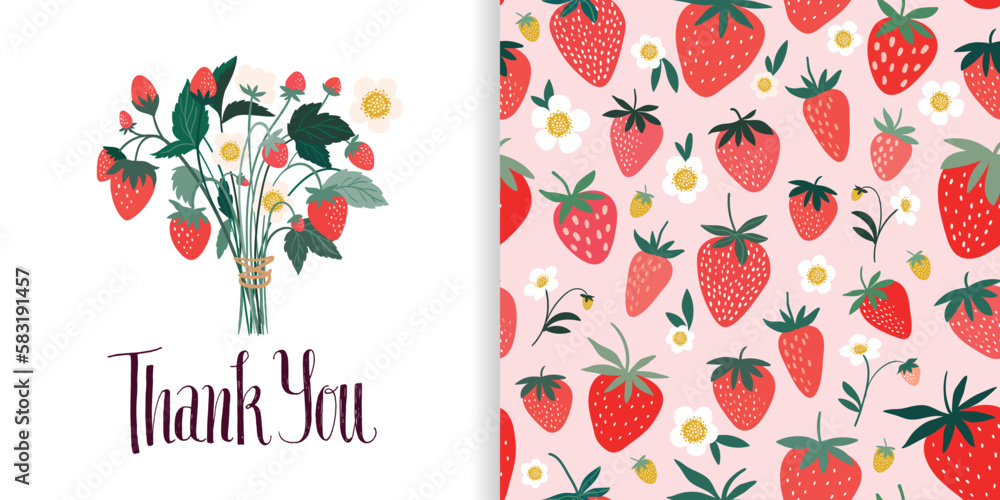 Thank You set with strawberry seamless pattern, background and wild berries bouquet, decorative greeting card, seasonal wallpaper with fruits