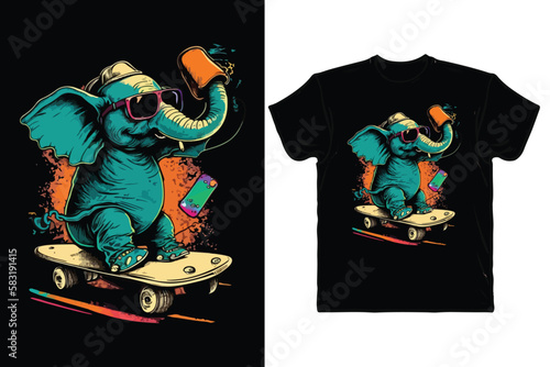 elephant cartoon wearing sunglasses riding a skateboard with colorful t-shirt design