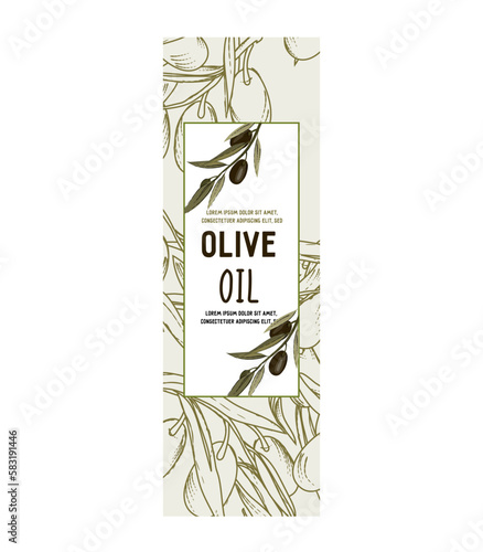 Olive oil label for packaging hand drawn vector illustration. Design for olive oil bottle package.