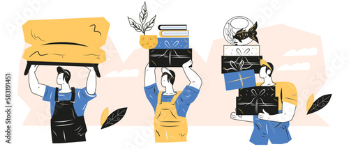 Porters carry various things for house moving concept, vector illustration isolated on white background. Moving and transportation cargo service characters set.