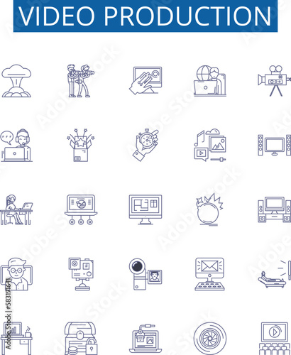 Video production line icons signs set. Design collection of Cinematography, Filming, Editing, Animating, Directing, Sound Effects, Music, Lighting outline concept vector illustrations
