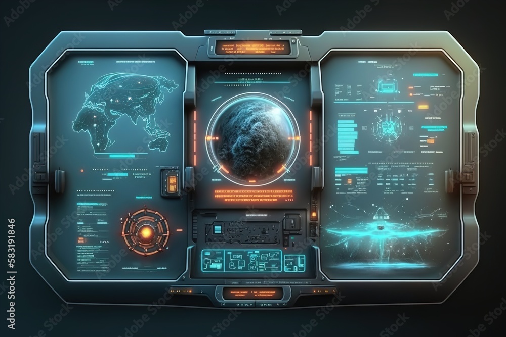 User interface or GUI of sci-fi space game. HUD Shuttle spacecraft ...