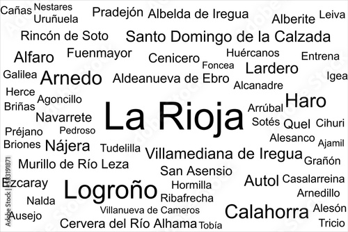 Tag cloud of the biggest cities in La Rioja, Spain. There are cities like Logrono, Calahorra, and Haro. photo