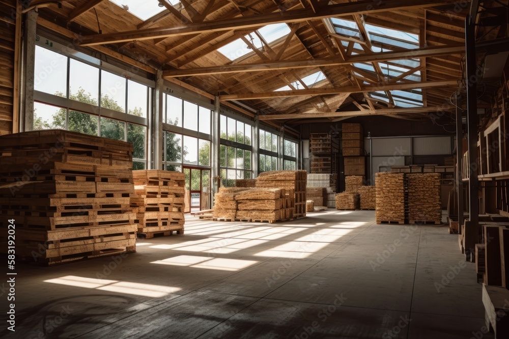 Lumber - Wood factory stock or timber in warehouse. ,Piles of wooden boards waiting for shipping. Lumber, Business, production, manufacture and woodworking industry concept, GENERATIVE AI