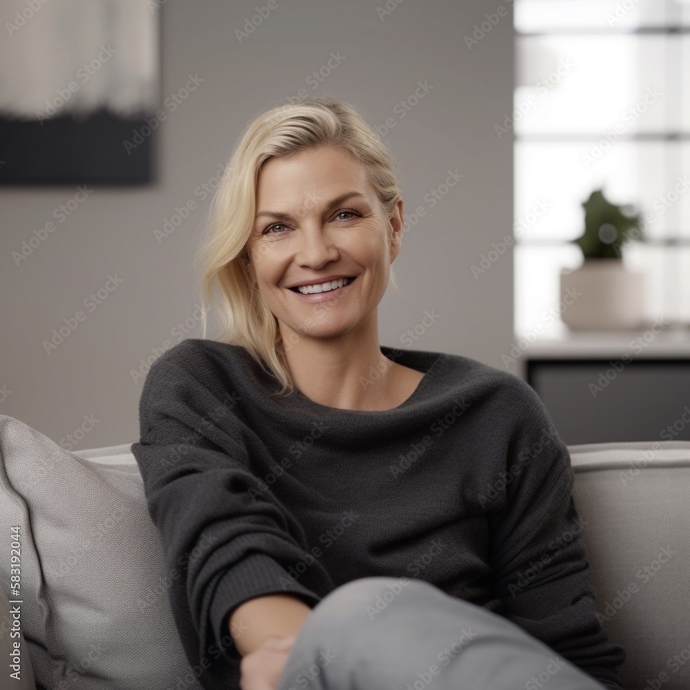 Blonde woman sitting on a couch, smiling. Blonde woman sitting on a couch, smiling.
