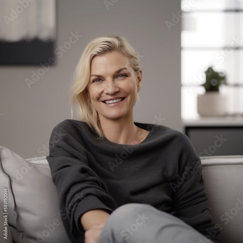 Blonde woman sitting on a couch, smiling.