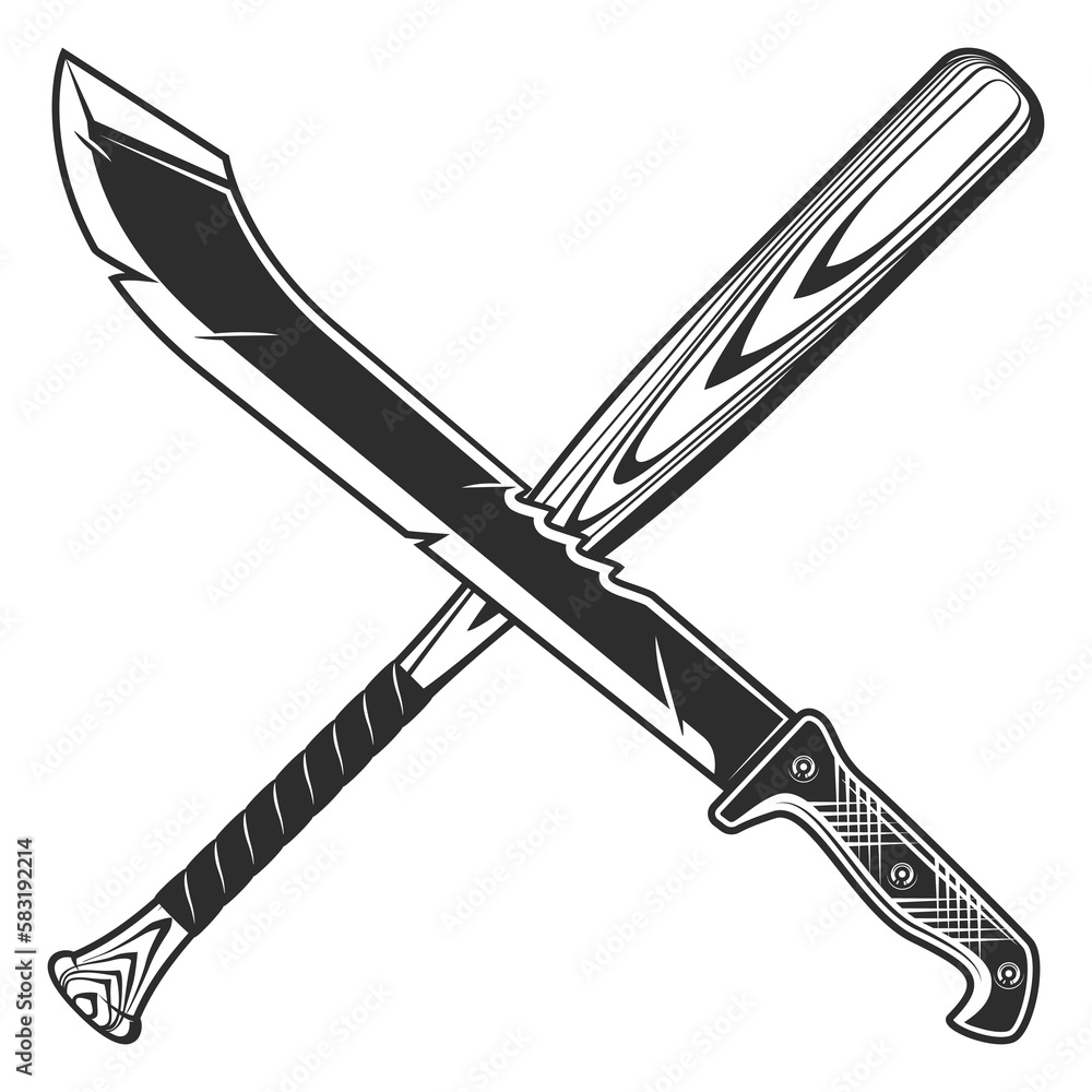 Crossed machete with baseball bat icon, sharp knife melee weapon of