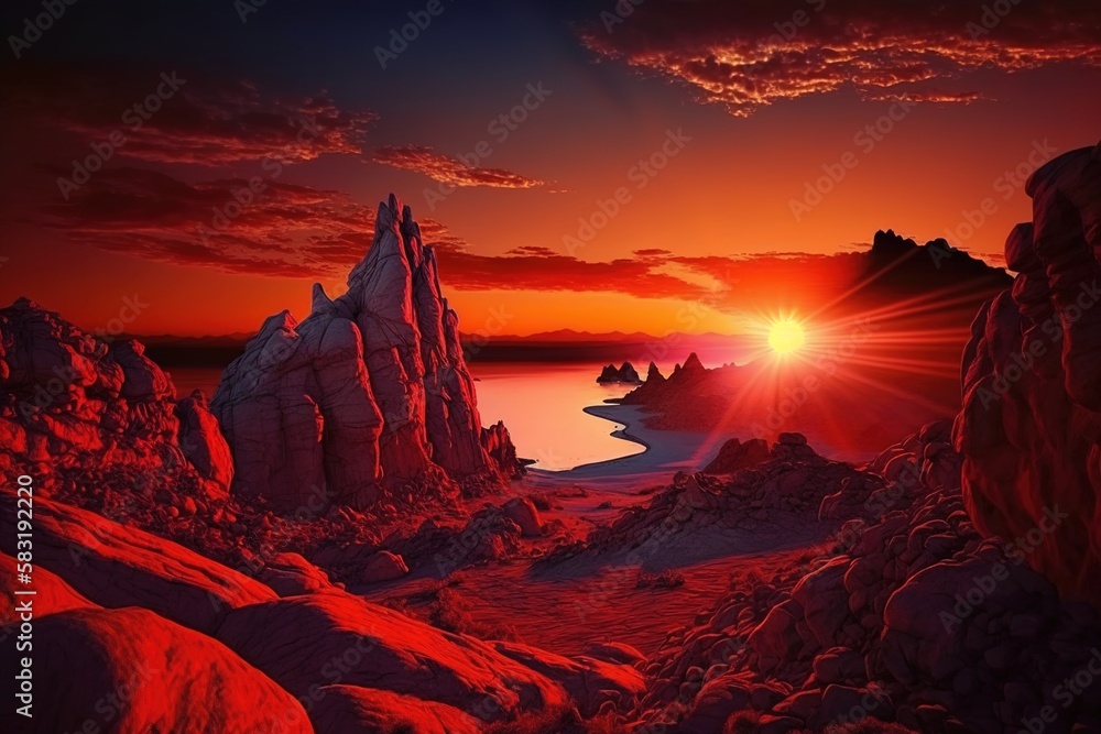 Sunset over rocky cliffs. AI