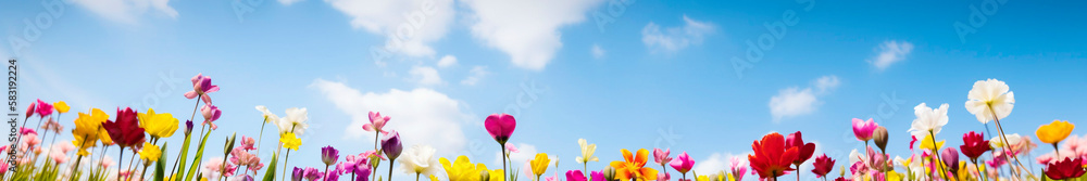 Flowers spring sky banner. Generative AI,
