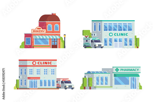 Fototapeta Naklejka Na Ścianę i Meble -  Vector element of clinic building, pharmacy store and bakery shop flat design style for city illustration	