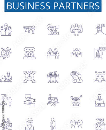 Business partners line icons signs set. Design collection of Partners, Business, Collaborators, Associates, Investment, Shareholders, Stakeholders, Investors outline concept vector illustrations