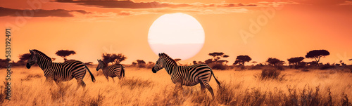 Zebras herd on sunset background. Generative AI 