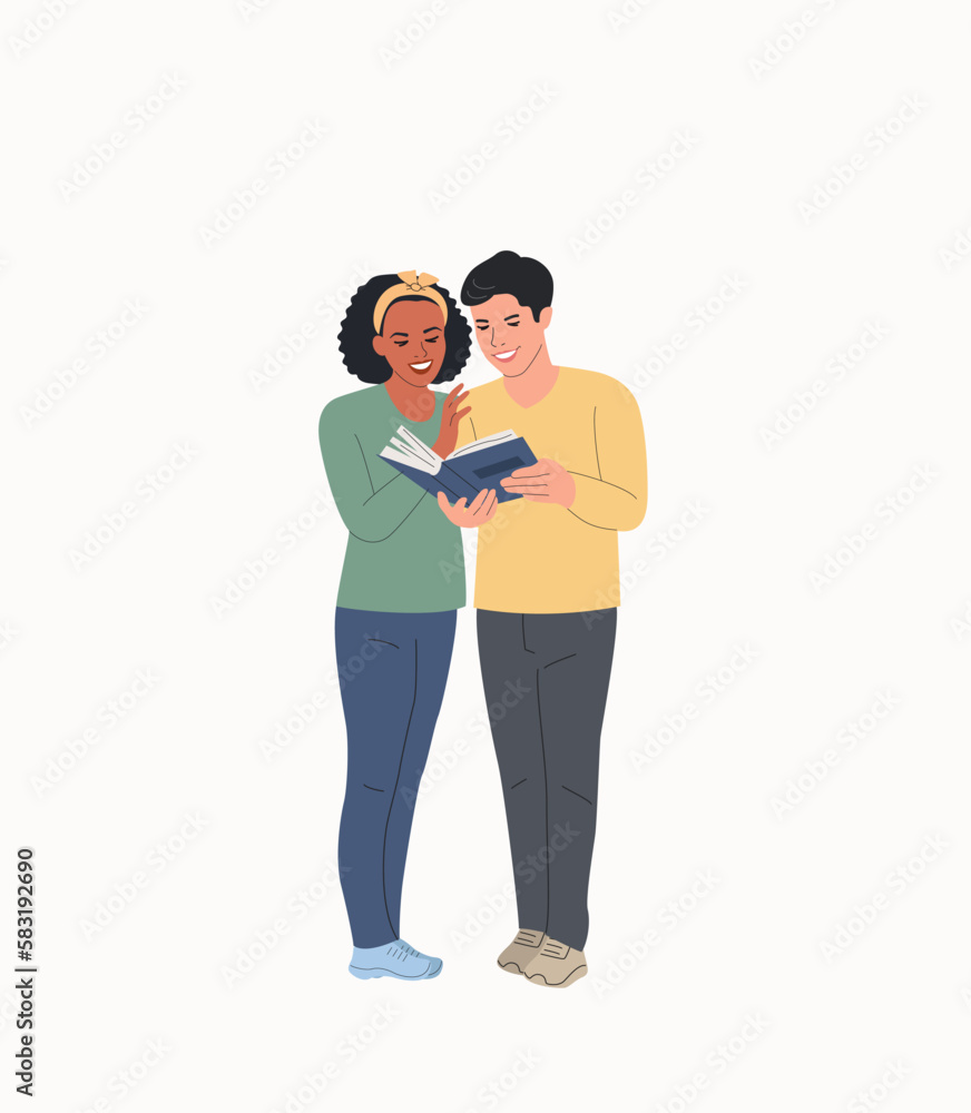 Young Black woman and man in full height reading book isolated. Vector flat illustration Young Black woman and man in full height reading book isolated. Vector flat illustration