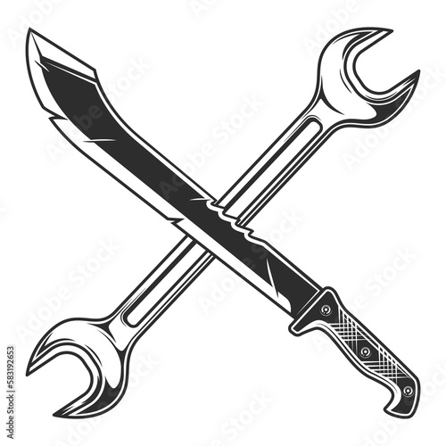 Machete with mechanic spanner wrench icon. Sharp knife melee weapon of hunter in jungle. Black and white vector isolated on white background