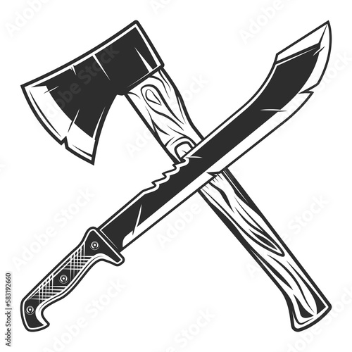Machete with construction lumberjack axe icon. Sharp knife melee weapon of hunter in jungle. Black and white vector isolated on white background photo