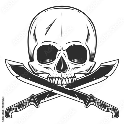 Skull without jaw with machete sharp knife melee weapon of hunter in jungle. Black and white vector isolated on white background