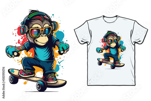 Monkey on a skateboard with sunglasses and a shirt that says monkey on it