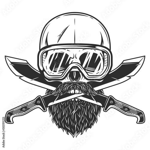 Skull in construction safety glasses with beard and mustache with crossed machete sharp knife melee weapon of hunter in jungle. Black and white vector isolated on white background