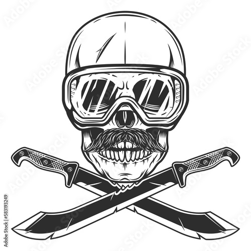 Skull in construction safety glasses with mustache and crossed machete sharp knife melee weapon of hunter in jungle. Black and white vector isolated on white background