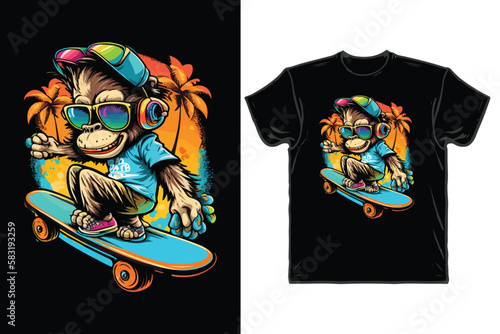 A monkey wearing sunglasses and skateboard with a palm tree in the background