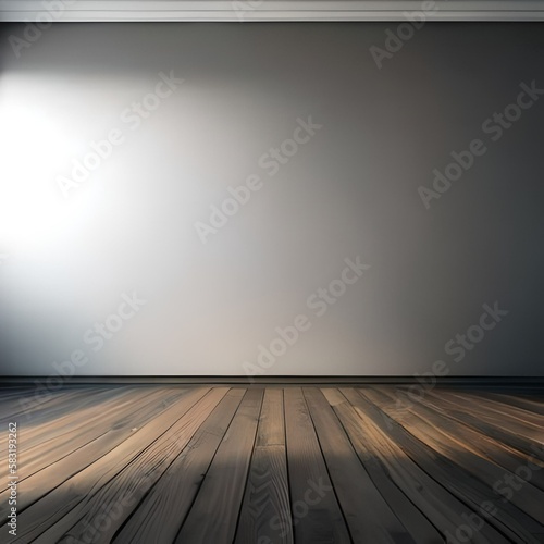 Empty room with beautiful light. wooden floor. Minimalist background for product presentation. AI generated.