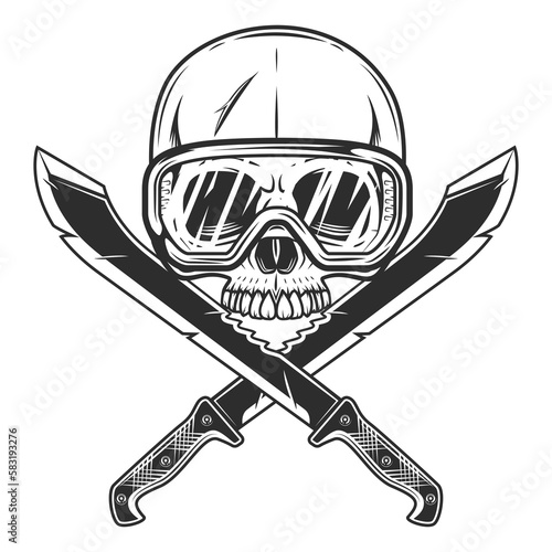 Skull without jaw in construction safety glasses and crossed machete sharp knife melee weapon of hunter in jungle. Black and white vector isolated on white background
