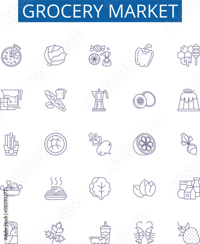 Grocery market line icons signs set. Design collection of Groceries, Market, Supermarket, Shopping, Fruits, Vegetables, Dairy, Staples outline concept vector illustrations
