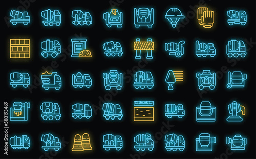 Cement mixer icons set outline vector. Concrete mix. Builder machine neon color on black