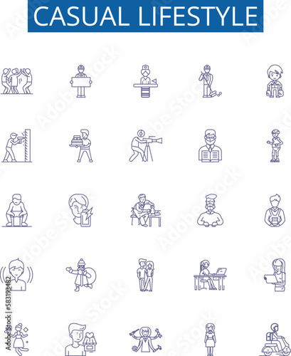 Casual lifestyle line icons signs set. Design collection of Casual, Lifestyle, Relaxed, Unstructured, Comfortable, Breezy, Uncomplicated, Carefree outline concept vector illustrations