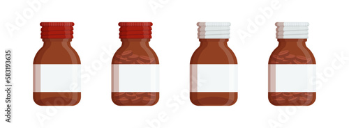 Set of empty and filled brown medicine bottles. Medical boxes for pills, syrops. Flat style vector objects isolated on white background