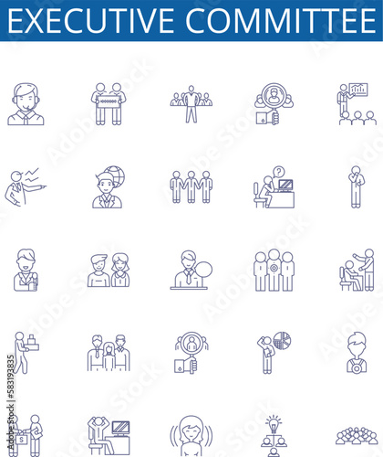 Executive committee line icons signs set. Design collection of executive, committee, leadership, management, strategy, planning, decision-making, communication outline concept vector illustrations