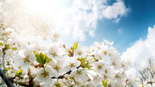 Spring flower background with white cherry blossoms, Generative AI