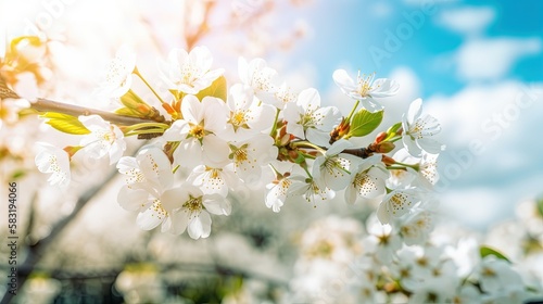 Spring flower background with white cherry blossoms, Generative AI © Riandra