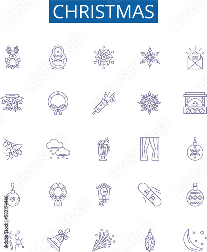 Christmas line icons signs set. Design collection of Yule, Noel, Santas, Presents, Elves, Trees, Stockings, Ornaments outline concept vector illustrations