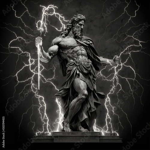Stone statue of Zeus holding a lightning bolt