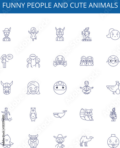 Funny people and cute animals line icons signs set. Design collection of Humorous, Furry, Adorable, Amusing, Grinning, Playful, Charming, Cheerful outline concept vector illustrations