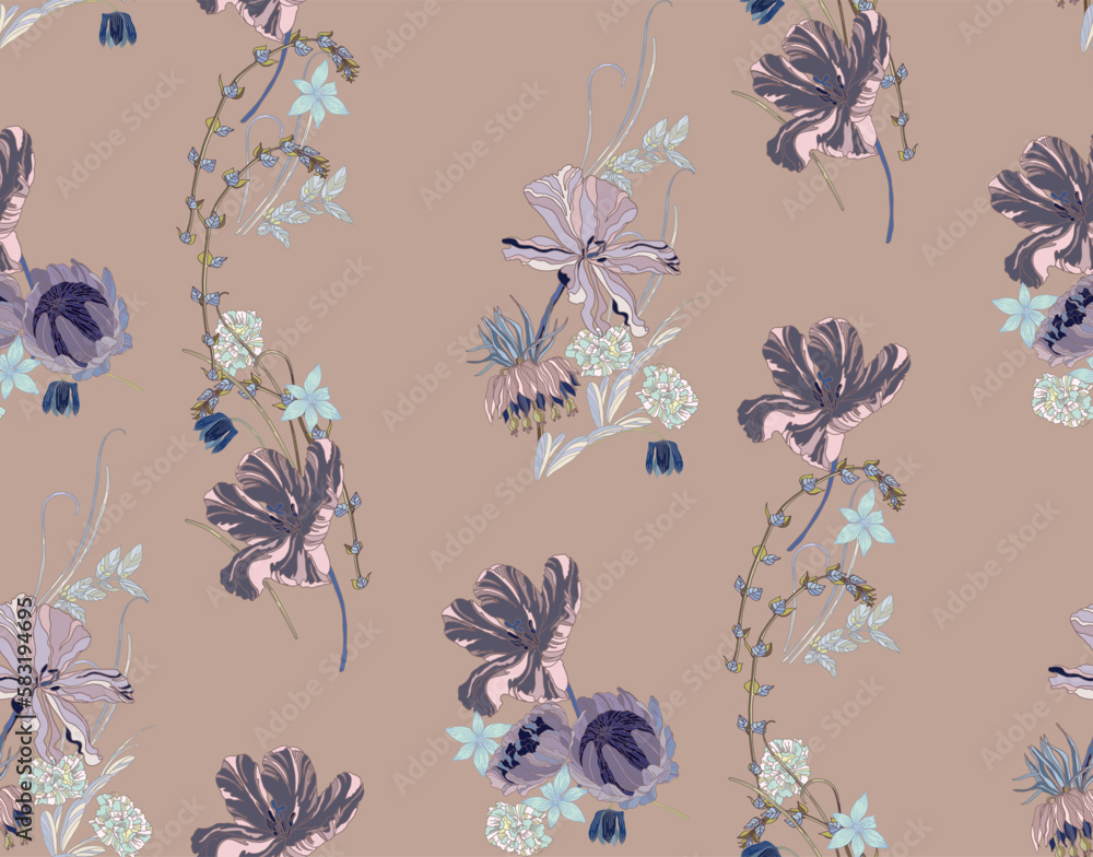 Flowers and leaves in vintage style, seamless pattern.	