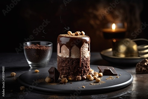 Dark chocolate cylinder with smoked hazelnut praline and salted milk ice cream. Generative AI