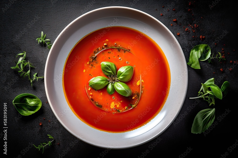 Spicy tomato soup with basil oil. Generative AI Spicy tomato soup with basil oil. Generative AI