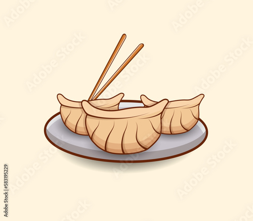 Jiaozi Vector Illustration Set, Hi-Quality Chopstick Plate Bowl Vegetable Jiaozi Dumpling Steam Bamboo Minimal Meal  Tasty Menu Delicious Food Isolated Illustration.