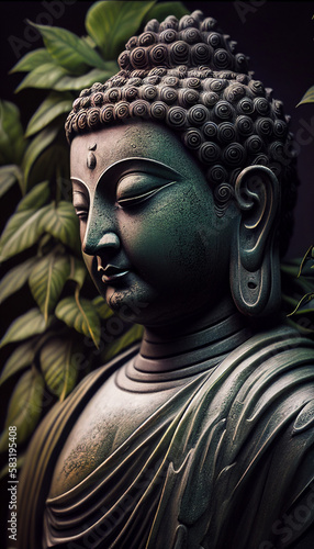 Image generative AI. Buddha portrait with his eyes closed meditating.