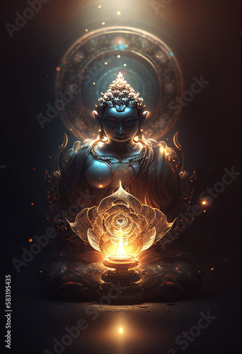 Image generative AI. Representation of Buddha sitting in the lotus position with a luminous sphere that emanates intense light and flashes of light surrounding the scene