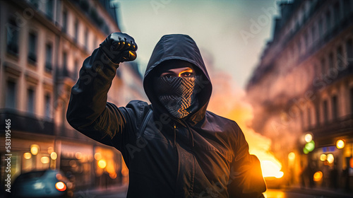 Fototapeta Naklejka Na Ścianę i Meble -  A hooded protester during a night of rioting in Paris - generative ai