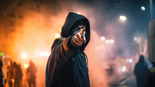 Fototapeta Naklejka Na Ścianę i Meble -  A hooded protester during a night of rioting in Paris - generative ai