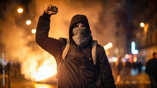 A hooded protester during a night of rioting in Paris - generative ai