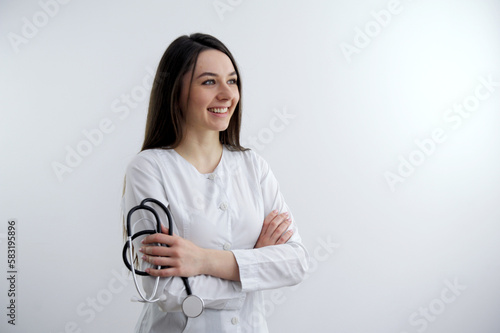 medicine doctor woman, closeup portrait on white background. High quality photo