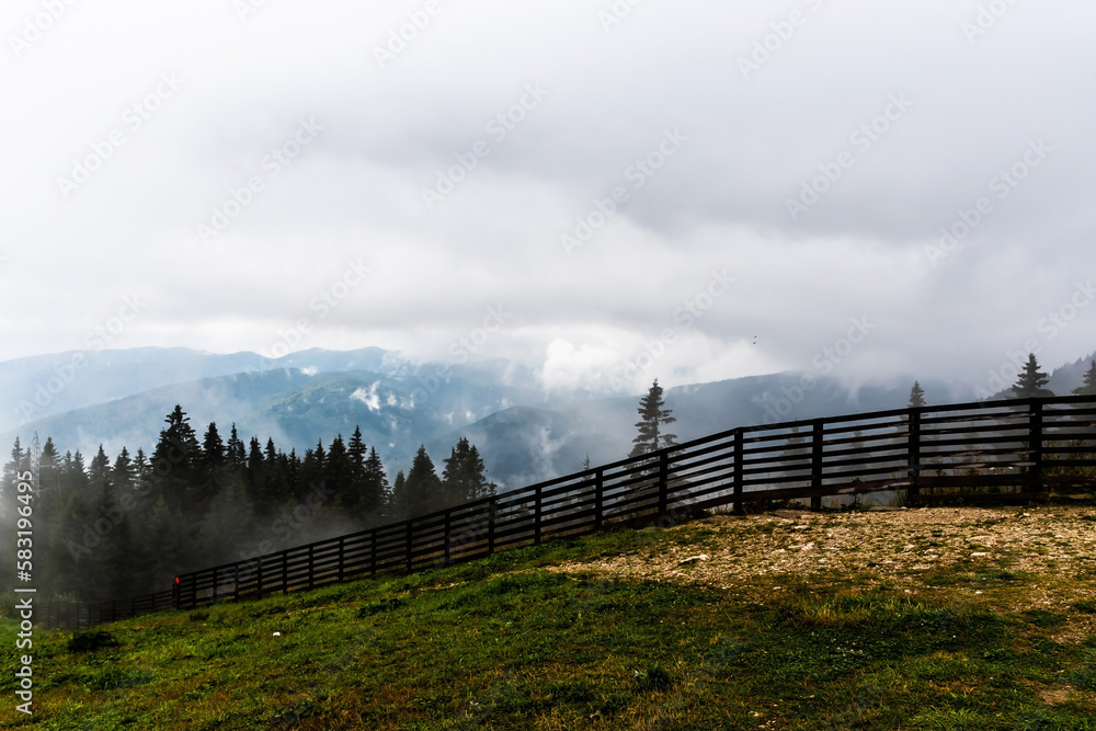 The ski slope from 1400 m in autumn season, Sinaia, Prahova valley, Romania.