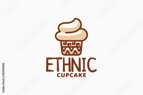 ethnic cupcake logo with a combination of a cute cupcake and tribal carvings on the cup.