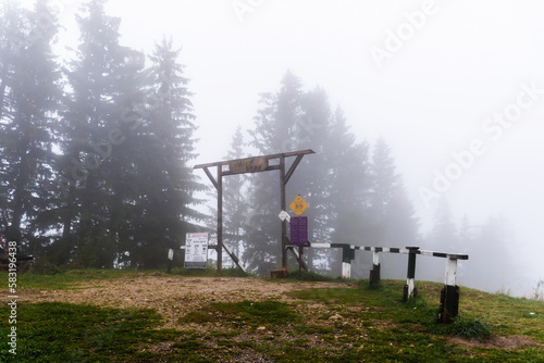 Mountain biking trail, trail entry with information boards. Sinaia, Romania.