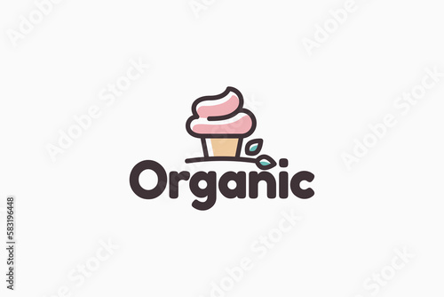 simple organic cupcake logo with a combination of a cute cupcake and leaves.